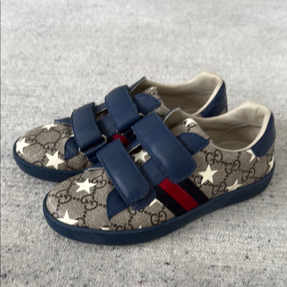 Gucci Blue and Cream Designer Sneakers with Velcro Straps